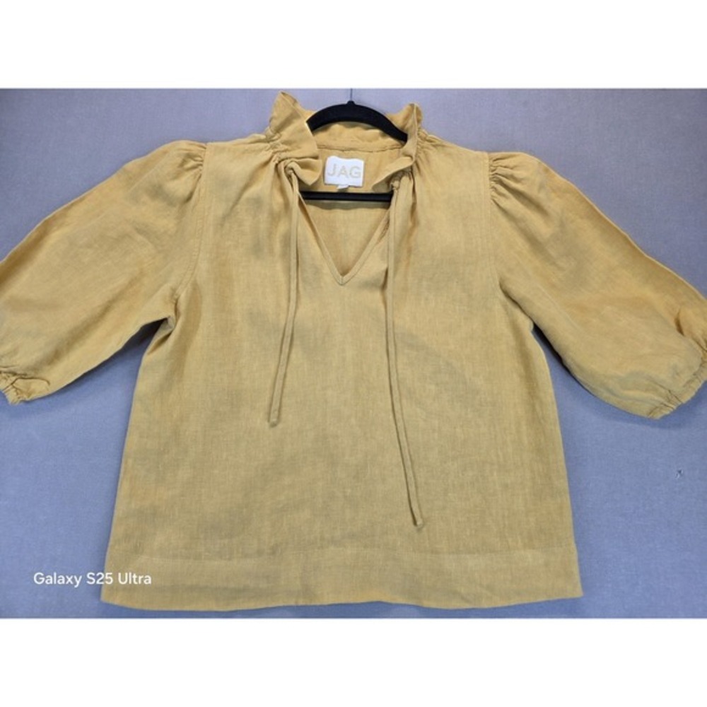 JAG Australia Linen Top Womens Small Marigold Mustard Tie‎ Neck Peasant Blouse